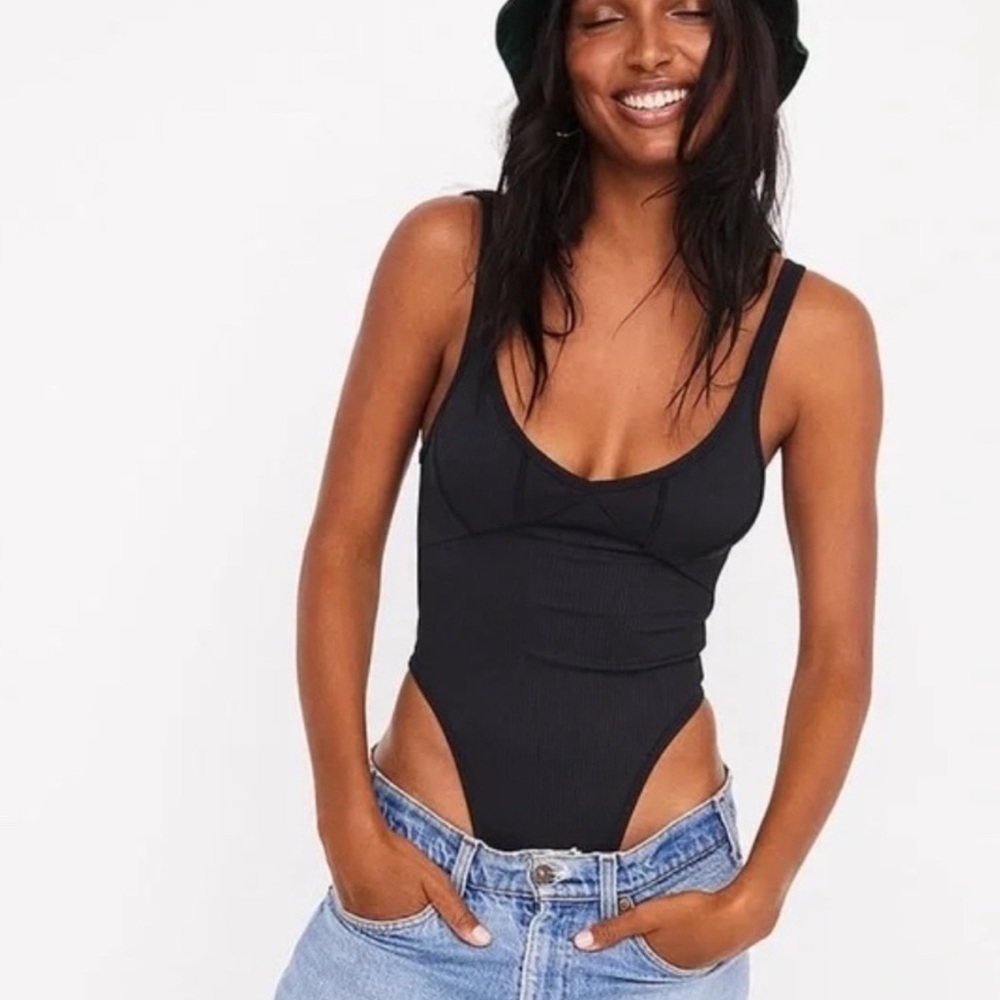 NWOT For Love and Lemons Clara Ribbed Black Thong Bodysuit Tank Womens Size L
